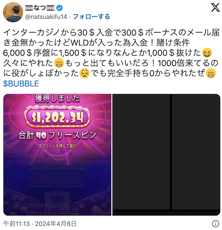 インターカジノのボーナスに関する口コミその1