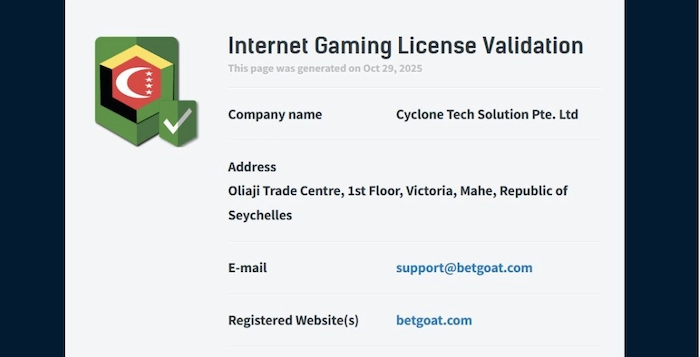 Betgoatのライセンス情報