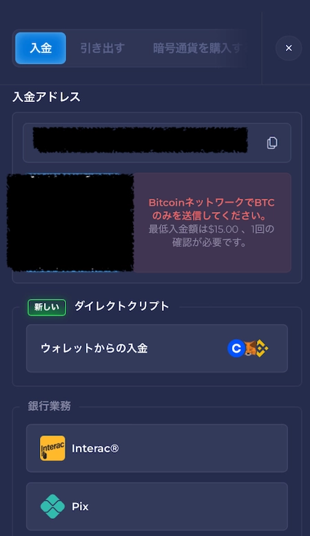 レインベットの入金アドレス