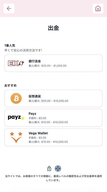 ミスティーノの出金オプション画面