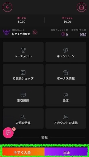 インターカジノの入出金ボタン