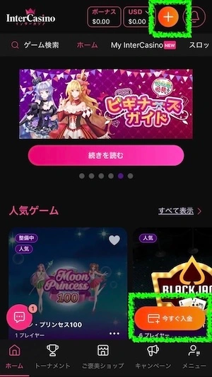 インターカジノの入金ボタン