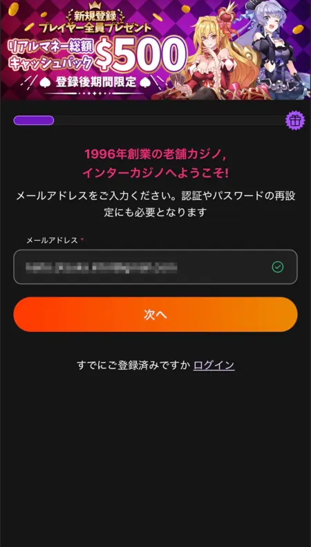 インターカジノの登録時のメールアドレス入力