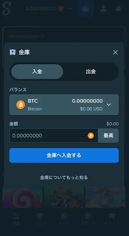 ステークカジノの入金画面