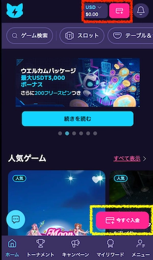 ステルスベット(StealthBet)の入出金ボタン