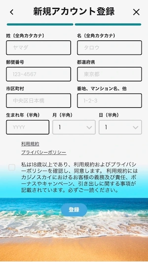カジノスカイの登録時の個人情報入力